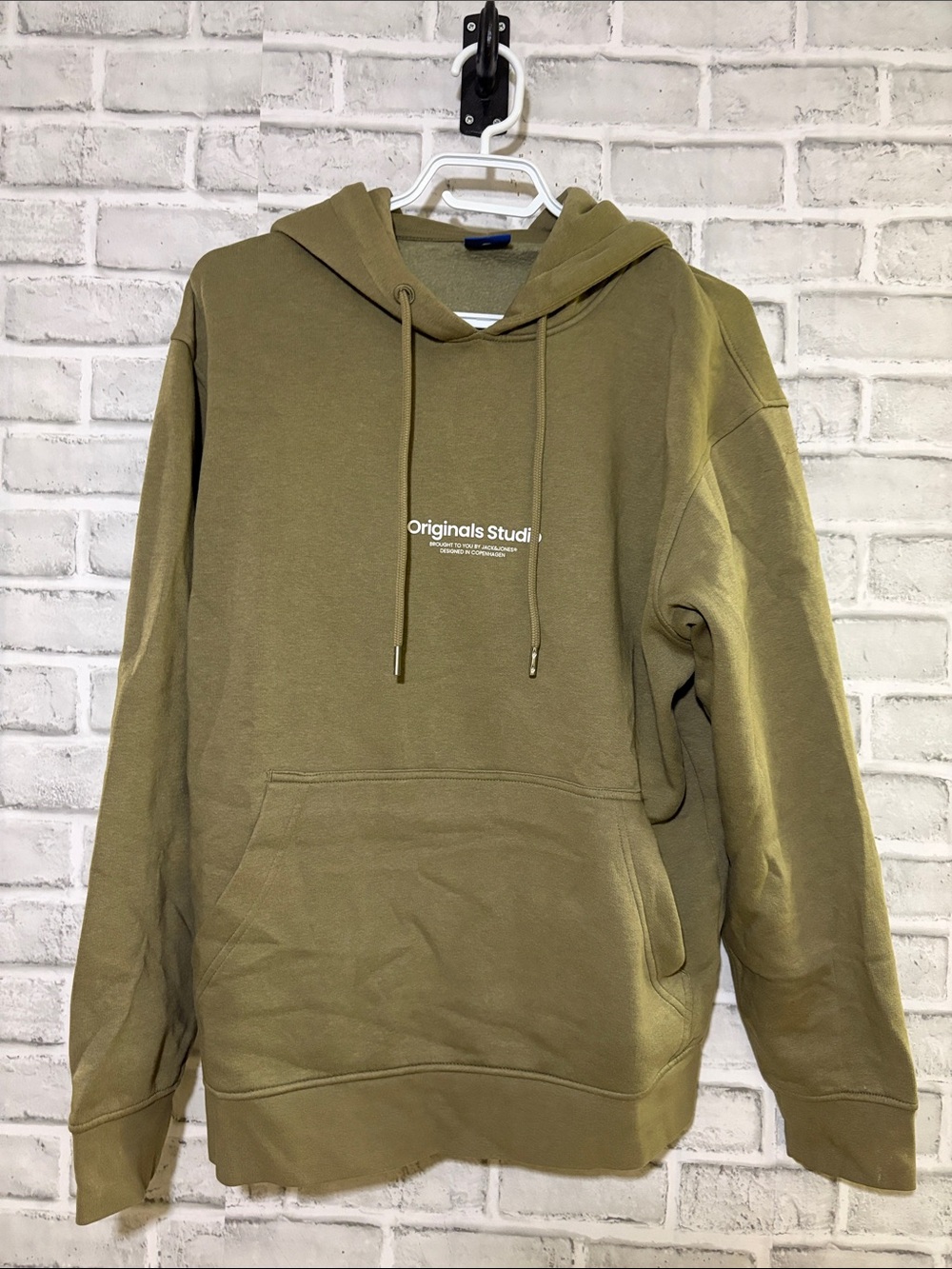 Jack & Jones Olive Green Pullover Hoodie with Center Logo, Medium